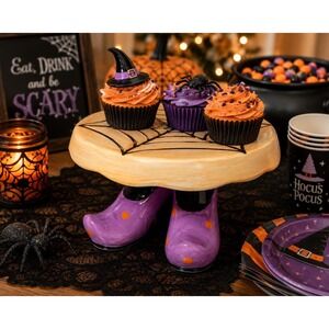 Vintage Halloween Witch Boot Cake Stand Spider Web Pedestal Ceramic Decor